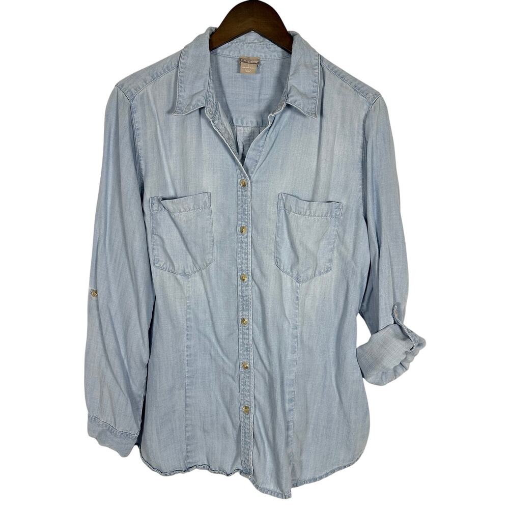 Chico's Tencel Long Sleeve Button Up Top Light Blue‎ 2 Sz L Closet Essential